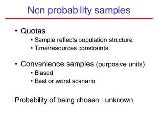 Non probability samples
• Quotas
• Sample reflects population structure
• Time/resources constraints
• Convenience samples (purposive units)
• Biased
• Best or worst scenario
Probability of being chosen : unknown
 