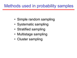 Methods used in probability samples
• Simple random sampling
• Systematic sampling
• Stratified sampling
• Multistage sampling
• Cluster sampling
 