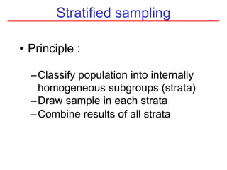 Stratified sampling
• Principle :
–Classify population into internally
homogeneous subgroups (strata)
–Draw sample in each strata
–Combine results of all strata
 
