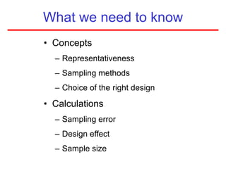 What we need to know
• Concepts
– Representativeness
– Sampling methods
– Choice of the right design
• Calculations
– Sampling error
– Design effect
– Sample size
 