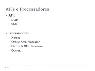 APIs e Processadores
}  APIs
}  DOM
}  SAX
}  Processadores
}  Xerces
}  Oracle XML Processor
}  Microsoft XML Processor
}  Outros...
13
 