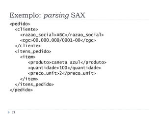 Exemplo: parsing SAX
<pedido>
<cliente>
<razao_social>ABC</razao_social>
<cgc>00.000.000/0001-00</cgc>
</cliente>
<itens_pedido>
<item>
<produto>caneta azul</produto>
<quantidade>100</quantidade>
<preco_unit>2</preco_unit>
</item>
</itens_pedido>
</pedido>
21
 