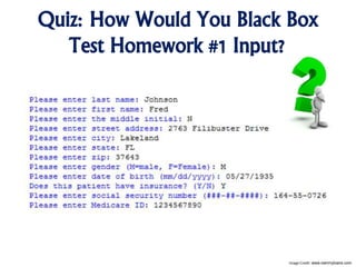 Quiz: How Would You Black Box
Test Homework #1 Input?
Image Credit: www.ownmyloans.com
 