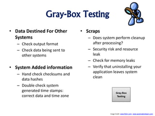 Gray-Box Testing
• Data Destined For Other
Systems
– Check output format
– Check data being sent to
other systems
• System Added information
– Hand check checksums and
data hashes
– Double check system
generated time stamps:
correct data and time zone
• Scraps
– Does system perform cleanup
after processing?
– Security risk and resource
leak
– Check for memory leaks
– Verify that uninstalling your
application leaves system
clean
Image Credit: www.flickr.com, www.automationlearn.com
 