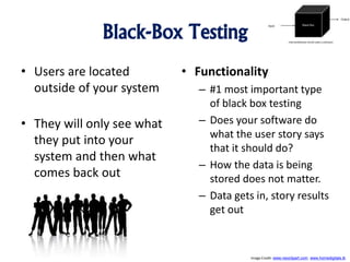 Black-Box Testing
• Users are located
outside of your system
• They will only see what
they put into your
system and then what
comes back out
• Functionality
– #1 most important type
of black box testing
– Does your software do
what the user story says
that it should do?
– How the data is being
stored does not matter.
– Data gets in, story results
get out
Image Credit: www.neoclipart.com, www.homedigitals.tk
 