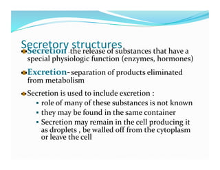 Secretory structures 

   ecretion  the release of substances that have a 
  S            –
 special physiologic function (enzymes, hormones) 

   xcretion‐ separation of products eliminated 
  E
 from metabolism 

  Secretion is used to include excretion : 
      role of many of these substances is not known 
      they may be found in the same container 
      Secretion may remain in the cell producing it 
      as droplets , be walled off from the cytoplasm 
      or leave the cell 
 