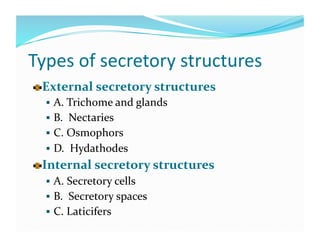 Types of secretory structures 

   xternal secretory structures 
  E
    A. Trichome and glands 
    B.  Nectaries 
    C. Osmophors 
    D.  Hydathodes 

   nternal secretory structures 
  I
    A. Secretory cells 
    B.  Secretory spaces 
    C. Laticifers 
 