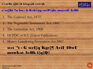 Prepared by Forkan Uddin
Mahmood
e¨vs‡Ki ‰`bw›`b Kvh©µg cwiPvjbv msµvšZ AvBb
1. The Contract Act, 1872.
2. The Negotiable Instrument Act, 1881.
3. The Limitation Act, 1908.
4. UCPDC of ICC (Latest Publication).
5. Money Laundering Prevention Act 2002.
wet `ªt - G wel‡q Kgc‡¶ AviI 40wU
mswk­ó AvBb i‡q‡Q|
e¨vswKs ‡jb‡`‡b kixqvn& cwicvjb
10
 