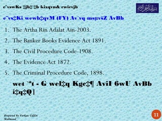 Prepared by Forkan Uddin
Mahmood
e¨vs‡Ki wewb‡qvM (FY) Av`vq msµvšZ AvBb
1. The Artha Rin Adalat Ain-2003.
2. The Banker Books Evidence Act 1891.
3. The Civil Procedure Code-1908.
4. The Evidence Act 1872.
5. The Criminal Procedure Code, 1898.
wet `ªt - G wel‡q Kgc‡¶ AviI 6wU AvBb
i‡q‡Q|
e¨vswKs ‡jb‡`‡b kixqvn& cwicvjb
11
 