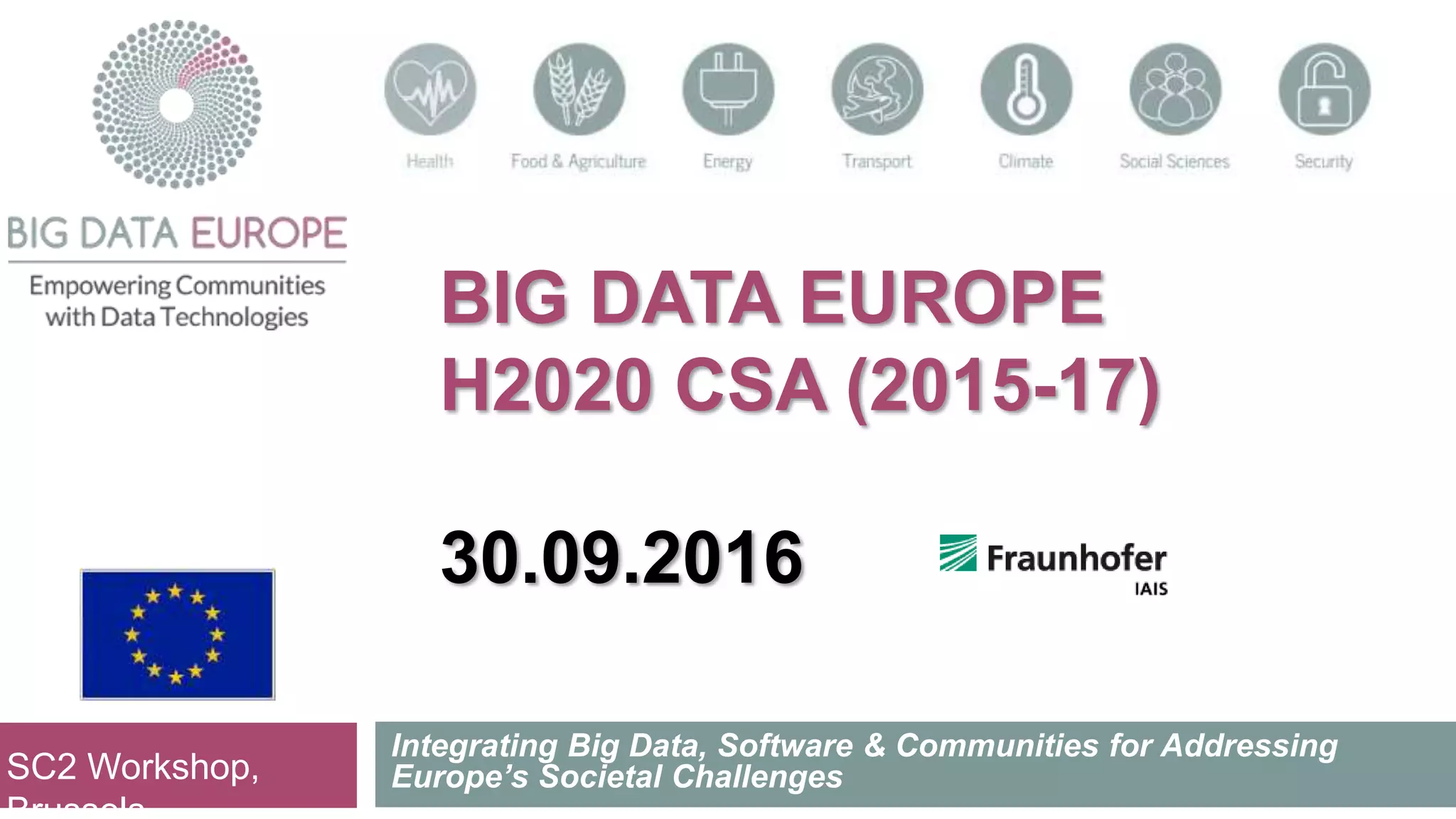 BIG DATA EUROPE
H2020 CSA (2015-17)
30.09.2016
Integrating Big Data, Software & Communities for Addressing
Europe’s Societal ChallengesSC2 Workshop,
 