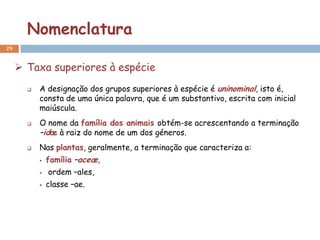 Nomenclatura
29


      Taxa superiores à espécie
          A designação dos grupos superiores à espécie é uninominal, isto é,
           consta de uma única palavra, que é um substantivo, escrita com inicial
           maiúscula.
          O nome da família dos animais obtém-se acrescentando a terminação
           –idæ à raiz do nome de um dos géneros.
          Nas plantas, geralmente, a terminação que caracteriza a:
              família –aceæ,
              ordem –ales,
              classe –ae.
 