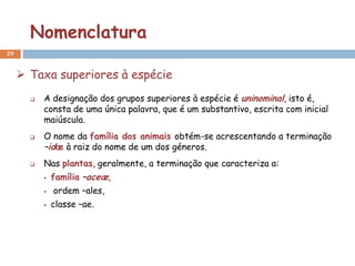 Nomenclatura
29


      Taxa superiores à espécie
          A designação dos grupos superiores à espécie é uninominal, isto é,
           consta de uma única palavra, que é um substantivo, escrita com inicial
           maiúscula.
          O nome da família dos animais obtém-se acrescentando a terminação
           –idæ à raiz do nome de um dos géneros.
          Nas plantas, geralmente, a terminação que caracteriza a:
              família –aceæ,
              ordem –ales,
              classe –ae.
 
