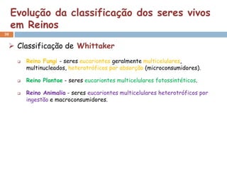 Evolução da classificação dos seres vivos
     em Reinos
38


  Classificação de Whittaker
         Reino Fungi - seres eucariontes geralmente multicelulares,
          multinucleados, heterotróficos por absorção (microconsumidores).

         Reino Plantae - seres eucariontes multicelulares fotossintéticos.

         Reino Animalia - seres eucariontes multicelulares heterotróficos por
          ingestão e macroconsumidores.
 