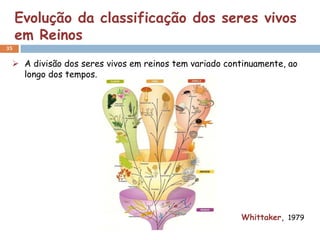 Evolução da classificação dos seres vivos
     em Reinos
35


  A divisão dos seres vivos em reinos tem variado continuamente, ao
   longo dos tempos.




                                                      Whittaker, 1979
 