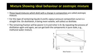 Mixture Showing ideal behaviour or zeotropic mixture
• Those liquid mixtures which distil with a change in composition are called zeotropic
mixture.
• For this type of containing liquids A and B, vapour pressure composition curve is a
straight line. On distillation, A being more volatile, will collect as distillate.
• The remaining fraction will be poorer in A and richer in B. By repeating the process of
distillation again and again, we can get both the components in pure state, e.g.,
methanol water mixture.
 