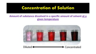 Concentration of Solution
Amount of substance dissolved in a specific amount of solvent at a
given temperature
 