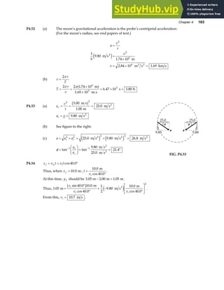 Chapter 4 103
P4.52 (a) The moon’s gravitational acceleration is the probe’s centripetal acceleration:
(For the moon’s radius, see end papers of text.)
a
v
r
v
v
=
=
×
= × =
2
2
6
6
1
6
9 80
1 74 10
2 84 10 1 69
.
.
. .
m s
m
m s km s
2
2 2
e j
(b) v
r
T
=
2π
T
r
v
= =
×
×
= × =
2 2 1 74 10
6 47 10 1 80
6
3
π π( .
. .
m)
1.69 10 m s
s h
3
P4.53 (a) a
v
r
c = = =
2 2
5 00
1 00
25 0
.
.
.
m s
m
m s2
b g
a g
t = = 9 80
. m s2
(b) See figure to the right.
(c) a a a
c t
= + = + =
2 2 2 2
25 0 9 80 26 8
. . .
m s m s m s
2 2 2
e j e j
φ =
F
HG I
KJ = = °
− −
tan tan
.
.
.
1 1 9 80
25 0
21 4
a
a
t
c
m s
m s
2
2
FIG. P4.53
P4.54 x v t v t
f ix i
= = °
cos .
40 0
Thus, when x f = 10 0
. m, t
vi
=
°
10 0
40 0
.
cos .
m
.
At this time, y f should be 3.05 m m m
− =
2 00 1 05
. . .
Thus, 1 05
40 0 10 0
40 0
1
2
9 80
10 0
40 0
2
.
sin . .
cos .
.
.
cos .
m
m
m s
m
2
=
°
°
+ −
°
L
NM O
QP
v
v v
i
i i
b g e j .
From this, vi = 10 7
. m s .
 