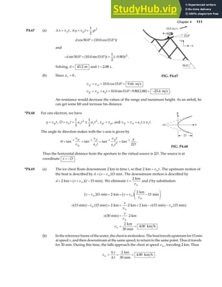 Chapter 4 111
P4.67 (a) ∆ x v t
xi
= , ∆ y v t gt
yi
= +
1
2
2
d t
cos . . cos .
50 0 10 0 15 0
°= °
a f
and
− °= ° + −
d t t
sin . . sin . .
50 0 10 0 15 0
1
2
9 80 2
a f a f .
Solving, d = 43 2
. m and t = 2 88
. s .
(b) Since ax = 0 , FIG. P4.67
v v
v v a t
xf xi
yf yi y
= = °=
= + = °− = −
10 0 15 0 9 66
10 0 15 0 9 80 2 88 25.6
. . m s
m s
cos .
. sin . . . .
a f
Air resistance would decrease the values of the range and maximum height. As an airfoil, he
can get some lift and increase his distance.
*P4.68 For one electron, we have
y v t
iy
= , D v t a t a t
ix x x
= + ≅
1
2
1
2
2 2
, v v
yf yi
= , and v v a t a t
xf xi x x
= + ≅ .
The angle its direction makes with the x-axis is given by
θ = = = =
− − − −
tan tan tan tan
1 1 1
2
1
2
v
v
v
a t
v t
a t
y
D
yf
xf
yi
x
yi
x
.
FIG. P4.68
Thus the horizontal distance from the aperture to the virtual source is 2D. The source is at
coordinate x D
= − .
*P4.69 (a) The ice chest floats downstream 2 km in time t, so that 2 km = v t
w . The upstream motion of
the boat is described by d v vw
= −
( )15 min. The downstream motion is described by
d v v t
w
+ = + −
2 15
km min)
( )( . We eliminate t
vw
=
2 km
and d by substitution:
v v v v
v
v v
v
v
v v
v
v
v
v
w w
w
w
w
w
w
w
− + = + −
F
HG I
KJ
− + = + − −
=
= =
b g b g
a f a f a f a f
a f
15 2
2
15
2 2 2
2
4 00
min km
km
min
15 min 15 min km km km 15 min 15 min
30 min 2 km
km
30 min
km h
. .
(b) Inthereferenceframeofthewater,thechestis motionless.Theboattravelsupstreamfor15min
at speed v, and then downstream at the same speed, to return to the same point. Thus it travels
for 30 min. During this time, the falls approach the chest at speed vw , traveling 2 km. Thus
v
x
t
w = = =
∆
∆
2
4 00
km
30 min
km h
. .
 