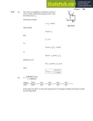 Chapter 5 145
P5.57 (a) The crate is in equilibrium, just before it starts to
move. Let the normal force acting on it be n and
the friction force, fs .
Resolving vertically:
n F P
g
= + sinθ
Horizontally:
P fs
cosθ =
But,
FIG. P5.57
f n
s s
≤ µ
i.e.,
P F P
s g
cos sin
θ µ θ
≤ +
c h
or
P F
s s g
cos sin
θ µ θ µ
− ≤
a f .
Divide by cosθ :
P F
s s g
1− ≤
µ θ µ θ
tan sec
a f .
Then
P
F
s g
s
minimum =
−
µ θ
µ θ
sec
tan
1
.
(b) P =
( )
−
0 400 100
1 0 400
. sec
. tan
N θ
θ
θ deg
b g 0.00 15.0 30.0 45.0 60.0
P N
a f 40.0 46.4 60.1 94.3 260
If the angle were 68 2
. ° or more, the expression for P would go to infinity and motion would
become impossible.
 