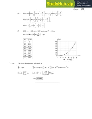 Chapter 9 271
(e) x t vdt v
t
T
dt v T
t
T
dt
T
t
e
p
t
e p
p p
t
a f= + = − −
F
HG
I
KJ
L
N
MM
O
Q
PP = −
L
N
MM
O
Q
PP −
F
HG
I
KJ
z z z
0 1 1
0 0 0
ln ln
x t v T
t
T
t
T
t
T
x t v T t
t
T
v t
e p
p p p
t
e p
p
e
a f
a f e j
= −
F
HG
I
KJ −
F
HG
I
KJ− −
F
HG
I
KJ
L
N
MM
O
Q
PP
= − −
F
HG
I
KJ+
1 1 1
1
0
ln
ln
(f) With ve = =
1 500 1 50
m s km s
. , and Tp = 144 s,
x t
t
t
= − −
F
HG I
KJ+
1 50 144 1
144
1 50
. ln .
a f
t x
s km
0
20
40
60
80
100
120
132
a f a f
0
2 19
9 23
22 1
42 2
71 7
115
153
.
.
.
.
.
x (km)
100
0
20
40
60
80
100
120
140
80
60
40
20
0
120
140
160
t (s)
FIG. P9.52(f)
*P9.53 The thrust acting on the spacecraft is
F ma
∑ = : F
∑ = × = ×
− −
3 500 2 50 10 9 80 8 58 10
6 2
kg m s N
2
b ge je j
. . .
thrust =
F
HG I
KJ
dM
dt
ve : 8 58 10
3 600
70
2
. × =
F
HG
I
KJ
−
N
s
m s
∆M
b g
∆M = 4 41
. kg
 