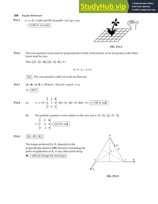 328 Angular Momentum
*P11.5 τ
τ
τ
τ = × = °− ° ×
= ⋅
r F 0 450 0 785 90 14
0 343
. . sin
.
m N up east
N m north
a f a f
FIG. P11.5
P11.6 The cross-product vector must be perpendicular to both of the factors, so its dot product with either
factor must be zero:
Does 2 3 4 4 3 0
     
i j k i j k
− + ⋅ + − =
e j e j ?
8 9 4 5 0
− − = − ≠
No . The cross product could not work out that way.
P11.7 A B A B
× = ⋅ ⇒ = ⇒ =
AB AB
sin cos tan
θ θ θ 1 or
θ = °
45 0
.
P11.8 (a) τ
τ
τ
τ = × = = − − − + − = − ⋅
r F
i j k
i j k k
  
   . 
1 3 0
3 2 0
0 0 0 0 2 9 7 00
a f a f a f a f
N m
(b) The particle’s position vector relative to the new axis is 1 3 6 1 3
    
i j j i j
+ − = − .
τ
τ
τ
τ = − = ⋅
  
. 
i j k
k
1 3 0
3 2 0
11 0 N m
a f
P11.9 F F F
3 1 2
= +
The torque produced by F3 depends on the
perpendicular distance OD, therefore translating the
point of application of F3 to any other point along
BC will not change the net torque .
A
B
C
D
O
F1
F2
F3
FIG. P11.9
 