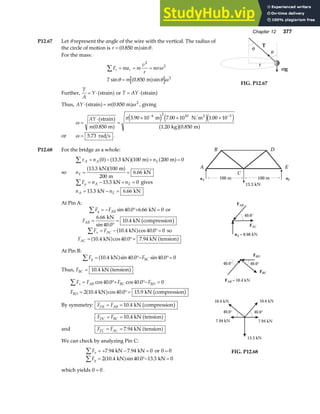 Chapter 12 377
P12.67 Let θ represent the angle of the wire with the vertical. The radius of
the circle of motion is r = 0 850
. sin
m
a f θ.
For the mass:
F ma m
v
r
mr
T m
r r
∑ = = =
=
2
2
2
0 850
ω
θ θ ω
sin . sin
m
a f
Further,
T
A
Y
= ⋅ strain
a f or T AY
= ⋅ strain
a f
Thus, AY m
⋅ =
strain m
a f a f
0 850 2
. ω , giving
θ
θ
T
r
mg
FIG. P12.67
ω
π
=
⋅
=
× × ×
− −
AY
m
strain
m
m N m
kg m
2
a f
a f
e j e je j
b ga f
0 850
3 90 10 7 00 10 1 00 10
1 20 0 850
4 2 10 3
.
. . .
. .
or ω = 5 73
. rad s .
P12.68 For the bridge as a whole:
τ A A E
n n
∑ = − + =
0 13 3 100 200 0
a f a fa f a f
. kN m m
so nE = =
13 3 100
200
6 66
.
.
kN m
m
kN
a fa f
F n n
y A E
∑ = − + =
13 3 0
. kN gives
n n
A E
= − =
13 3 6 66
. .
kN kN
At Pin A:
F F
y AB
∑ = − °+ =
sin . .
40 0 6 66 0
kN or
FAB =
°
=
6 66
40 0
10 4
.
sin .
.
kN
kN compression
b g
F F
x AC
∑ = − °=
10 4 40 0 0
. cos .
kN
a f so
FAC = °=
10 4 40 0 7 94
. cos . .
kN kN tension
a f a f
At Pin B:
F F
y BC
∑ = °− °=
10 4 40 0 40 0 0
. sin . sin .
kN
a f
Thus, FBC = 10 4
. kN tension
a f
F F F F
F
x AB BC BD
BD
= °+ °− =
= °=
∑ cos . cos .
. cos . .
40 0 40 0 0
2 10 4 40 0 15 9
kN kN compression
a f b g
By symmetry: F F
DE AB
= = 10 4
. kN compression
b g
F F
DC BC
= = 10 4
. kN tension
a f
and F F
EC AC
= = 7 94
. kN tension
a f
We can check by analyzing Pin C:
Fx
∑ = + − =
7 94 7 94 0
. .
kN kN or 0 0
=
Fy
∑ = °− =
2 10 4 40 0 13 3 0
. sin . .
kN kN
a f
which yields 0 0
= .
nA nE
A
B
C
E
D
100 m 100 m
13.3 kN
FAB
FAC
nA = 6.66 kN
40.0°
FBD
FBC
FAB = 10.4 kN
40.0°
40.0°
10.4 kN
40.0°
40.0°
10.4 kN
7.94 kN 7.94 kN
13.3 kN
FIG. P12.68
 