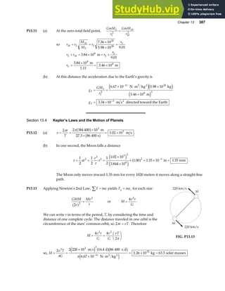 Chapter 13 387
P13.11 (a) At the zero-total field point,
GmM
r
GmM
r
E
E
M
M
2 2
=
so r r
M
M
r
r
M E
M
E
E
E
= =
×
×
=
7 36 10
5 98 10 9 01
22
24
.
. .
r r r
r
r
E M E
E
E
+ = × = +
=
×
= ×
3 84 10
9 01
3 84 10
3 46 10
8
8
8
.
.
.
.
m
m
1.11
m
(b) At this distance the acceleration due to the Earth’s gravity is
g
GM
r
g
E
E
E
E
= =
× ⋅ ×
×
= ×
−
−
2
11 24
8 2
3
6 67 10 5 98 10
3 46 10
3 34 10
. .
.
.
N m kg kg
m
m s directed toward the Earth
2 2
2
e je j
e j
Section 13.4 Kepler’s Laws and the Motion of Planets
P13.12 (a) v
r
T
= =
×
×
= ×
2 2 384 400 10
1 02 10
3
3
π πb g
b g
m
27.3 86 400 s
m s
. .
(b) In one second, the Moon falls a distance
x at
v
r
t
= = =
×
×
× = × =
−
1
2
1
2
1
2
1 02 10
3 844 10
1 00 1 35 10 1 35
2
2
2
3 2
8
2 3
.
.
. . .
e j
e j
a f m mm .
The Moon only moves inward 1.35 mm for every 1020 meters it moves along a straight-line
path.
P13.13 Applying Newton’s 2nd Law, F ma
∑ = yields F ma
g c
= for each star:
GMM
r
Mv
r
2
2
2
a f = or M
v r
G
=
4 2
.
We can write r in terms of the period, T, by considering the time and
distance of one complete cycle. The distance traveled in one orbit is the
circumference of the stars’ common orbit, so 2πr vT
= . Therefore
M
v r
G
v
G
vT
= =
F
HG I
KJ
4 4
2
2 2
π FIG. P13.13
so, M
v T
G
= =
×
× ⋅
= × =
−
2 2 220 10 14 4 86 400
6 67 10
1 26 10 63 3
3 3 3
11
32
π π
m s d s d
N m kg
kg solar masses
2 2
e j a fb g
e j
.
.
. .
 