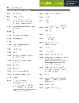 410 Universal Gravitation
ANSWERS TO EVEN PROBLEMS
P13.2 2 67 10 7
. × −
m s2
P13.40 (a) 10 0
. m s2
; (b) 21 8
. km s
P13.4 3.00 kg and 2.00 kg P13.42 11 8
. km s
P13.6 (a) 4 39 1020
. × N toward the Sun;
P13.44
GM m
R
E
E
12
(b) 1 99 1020
. × N toward the Earth;
(c) 3 55 1022
. × N toward the Sun
P13.46 (a) v
GM
r
E
0
1 2
=
F
HG I
KJ ; (b) vi
GM
r
E
=
5
4
1 2
e j ;
P13.8 see the solution; either 1 61 3
m nm
− . or
2 74 10 4
. × −
m
(c) r
r
f =
25
7
P13.10
2
3
P13.48 2 26 10 7
. × −
P13.12 (a) 1 02
. km s; (b) 1.35 mm
P13.50
2
3
GM
R
;
1
3
GM
R
P13.14 see the solution
P13.16 1.27
P13.52 (a), (b) see the solution;
P13.18 Planet Y has turned through
1.30 revolutions
(c) 1 85 10 5
. × −
m s2
P13.54 492 m s
P13.20 1 63 104
. × rad s
P13.56 see the solution
P13.22 18.2 ms
P13.58 (a) G c h
1 2 3 2 1 2
−
; (b) ~10 34
−
m
P13.24 (a) 1 31 1017
. × N toward the center;
(b) 2 62 1012
. × N kg P13.60 (a) 7 79
. km s; (b) 7 85
. km s;(c) −3 04
. GJ;
(d) −3 08
. GJ; (e) loss MJ
= 46 9
. ;
P13.26 (a) − ×
4 77 109
. J; (b) 569 N down; (f) A component of the Earth’s gravity
pulls forward on the satellite in its
downward banking trajectory.
(c) 569 N up
P13.28 2 52 107
. × m
P13.62 (a) 29 3
. km s; (b) Kp = ×
2 74 1033
. J;
Up = − ×
5 40 1033
. J;(c) Ka = ×
2 57 1033
. J;
Ua = − ×
5 22 1033
. J; yes
P13.30 2 82 109
. × J
P13.32 (a) see the solution; (b) 340 s
P13.34 (a) 42 1
. km s; (b) 2 20 1011
. × m
P13.64 119 km
P13.36 1 58 1010
. × J P13.66 (a) −36 7
. MJ; (b) 9 24 1010
. × ⋅
kg m s
2
;
(c) 5 58
. km s; 10.4 Mm; (d) 8.69 Mm;
P13.38 (a) 2
3 2 1 2
π R h GM
E E
+
−
b g b g ;
(e) 134 min
(b) GM R h
E E
b g b g
1 2 1 2
+
−
;
P13.68 see the solution
(c) GM m
R h
R R h
R m
E
E
E E
E
+
+
L
N
MM
O
Q
PP−
2
2
2
86 400
2 2
2
b g b g
π
s P13.70 (a) 2 77
. m s2
; (b) 3 70
. m s2
The satellite should be launched from the
Earth’s equator toward the east.
 