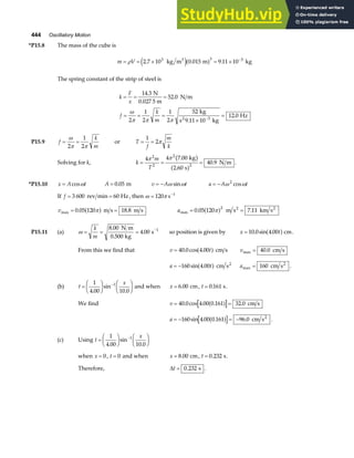 444 Oscillatory Motion
*P15.8 The mass of the cube is
m V
= = × = × −
ρ 2 7 10 0 015 9 11 10
3 3 3
. . .
kg m m kg
3
e ja f
The spring constant of the strip of steel is
k
F
x
f
k
m
= = =
= = =
×
=
−
14 3
52 0
2
1
2
1
2
52
9 11 10
12 0
3
.
.
.
.
N
0.027 5 m
N m
kg
s kg
Hz
2
ω
π π π
P15.9 f
k
m
= =
ω
π π
2
1
2
or T
f
m
k
= =
1
2π
Solving for k, k
m
T
= = =
4 4 7 00
2 60
40 9
2
2
2
2
π π .
.
.
kg
s
N m
b g
a f .
*P15.10 x A t
= cosω A = 0 05
. m v A t
= − ω ω
sin a A t
= − ω ω
2
cos
If f = =
3 600 60
rev min Hz, then ω π
= −
120 1
s
vmax . .
= =
0 05 120 18 8
π
a f m s m s amax . .
= =
0 05 120 7 11
2
π
a f m s km s
2 2
P15.11 (a) ω = = = −
k
m
8 00
0 500
4 00 1
.
.
.
N m
kg
s so position is given by x t
= 10 0 4 00
. sin .
a fcm.
From this we find that v t
= 40 0 4 00
. cos .
a f cm s vmax .
= 40 0 cm s
a t
= −160 4 00
sin .
a f cm s2
amax = 160 cm s2
.
(b) t
x
=
F
HG I
KJ F
HG I
KJ
−
1
4 00 10 0
1
.
sin
.
and when x = 6 00
. cm, t = 0 161
. s.
We find v = =
40 0 4 00 0 161 32 0
. cos . . .
a f cm s
a = − = −
160 4 00 0 161 96 0
sin . . .
a f cm s2
.
(c) Using t
x
=
F
HG I
KJ F
HG I
KJ
−
1
4 00 10 0
1
.
sin
.
when x = 0, t = 0 and when x = 8 00
. cm, t = 0 232
. s.
Therefore, ∆t = 0 232
. s .
 