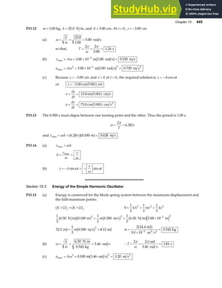 Chapter 15 445
P15.12 m = 1 00
. kg, k = 25 0
. N m, and A = 3 00
. cm. At t = 0, x = −3 00
. cm
(a) ω = = =
k
m
25 0
1 00
5 00
.
.
. rad s
so that, T = = =
2 2
5 00
1 26
π
ω
π
.
. s
(b) v A
max . . .
= = × =
−
ω 3 00 10 5 00 0 150
2
m rad s m s
b g
a A
max . . .
= = × =
−
ω 2 2 2
3 00 10 5 00 0 750
m rad s m s2
b g
(c) Because x = −3 00
. cm and v = 0 at t = 0, the required solution is x A t
= − cosω
or x t
= −3 00 5 00
. cos .
a fcm
v
dx
dt
t
= = 15 0 5 00
. sin .
a f cm s
a
dv
dt
t
= = 75 0 5 00
. cos .
a f cm s2
P15.13 The 0.500 s must elapse between one turning point and the other. Thus the period is 1.00 s.
ω
π
= =
2
6 28
T
. s
and v A
max . . .
= = =
ω 6 28 0 100 0 628
s m m s
b ga f .
P15.14 (a) v A
max = ω
A
v v
= =
max
ω ω
(b) x A t
v
t
= − = −
F
HG I
KJ
sin sin
ω
ω
ω
Section 15.3 Energy of the Simple Harmonic Oscillator
P15.15 (a) Energy is conserved for the block-spring system between the maximum-displacement and
the half-maximum points:
K U K U
i f
+ = +
a f a f 0
1
2
1
2
1
2
2 2 2
+ = +
kA mv kx
1
2
6 50 0 100
1
2
0 300
1
2
6 50 5 00 10
2 2 2 2
. . . . .
N m m m s N m m
b ga f b g b ge j
= + × −
m
32 5
1
2
0 300 8 12
2
. . .
mJ m s mJ
= +
mb g m =
×
=
−
2 24 4
9 0 10
0 542
2
.
.
.
mJ
m s
kg
2 2
a f
(b) ω = = =
k
m
6 50
0 542
3 46
.
.
.
N m
kg
rad s ∴ = = =
T
2 2
1 81
π
ω
π rad
3.46 rad s
s
.
(c) a A
max . .
= = =
ω 2 2
0 100 1 20
m 3.46 rad s m s2
b g
 