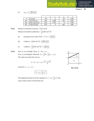 Chapter 2 47
(c) vfinal m s
= −184
t x v a
0 Launch 0.0 0 80 +4.00
#1 End Thrust 10.0 1 000 120 +4.00
#2 Rise Upwards 22.2 1 735 0 –9.80
#3 Fall to Earth 41.0 0 –184 –9.80
P2.63 Distance traveled by motorist = 15 0
. m s
a ft
Distance traveled by policeman =
1
2
2 00 2
. m s2
c ht
(a) intercept occurs when 15 0 2
. t t
= , or t = 15 0
. s
(b) v t
officer m s m s
2
( )= =
2 00 30 0
. .
c h
(c) x t
officer m s m
2
( )= =
1
2
2 00 225
2
.
c h
P2.64 Area A1 is a rectangle. Thus, A hw v t
xi
1 = = .
Area A2 is triangular. Therefore A bh t v v
x xi
2
1
2
1
2
= = −
b g.
The total area under the curve is
A A A v t
v v t
xi
x xi
= + = +
−
1 2
2
b g
and since v v a t
x xi x
− =
A v t a t
xi x
= +
1
2
2
.
The displacement given by the equation is: x v t a t
xi x
= +
1
2
2
, the
same result as above for the total area.
vx
vx
vxi
0 t
t
A2
A1
FIG. P2.64
 