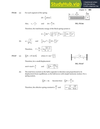 Chapter 15 465
P15.66 (a) For each segment of the spring
dK dm vx
=
1
2
2
a f .
Also, v
x
v
x =
A
and dm
m
dx
=
A
. FIG. P15.66
Therefore, the total kinetic energy of the block-spring system is
K Mv
x v m
dx M
m
v
= +
F
HG
I
KJ = +
F
HG I
KJ
z
1
2
1
2
1
2 3
2
2 2
2
0
2
A A
A
.
(b) ω =
k
meff
and
1
2
1
2 3
2 2
m v M
m
v
eff = +
F
HG I
KJ
Therefore, T
M
k
m
= =
+
2
2 3
π
ω
π .
P15.67 (a) F j
∑ = −2T sin 
θ where θ =
F
HG I
KJ
−
tan 1 y
L
Therefore, for a small displacement
sin tan
θ θ
≈ =
y
L
and F j
∑ =
−2Ty
L

FIG. P15.67
(b) The total force exerted on the ball is opposite in direction and proportional to its
displacement from equilibrium, so the ball moves with simple harmonic motion. For a
spring system,
F x
∑ = −k becomes here F y
∑ = −
2T
L
.
Therefore, the effective spring constant is
2T
L
and ω = =
k
m
T
mL
2
.
 