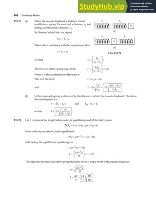 468 Oscillatory Motion
P15.71 (a) When the mass is displaced a distance x from
equilibrium, spring 1 is stretched a distance x1 and
spring 2 is stretched a distance x2.
By Newton’s third law, we expect
k x k x
1 1 2 2
= .
When this is combined with the requirement that
x x x
= +
1 2 ,
FIG. P15.71
we find x
k
k k
x
1
2
1 2
=
+
L
NM O
QP
The force on either spring is given by F
k k
k k
x ma
1
1 2
1 2
=
+
L
NM O
QP =
where a is the acceleration of the mass m.
This is in the form F k x ma
eff
= =
and T
m
k
m k k
k k
eff
= =
+
2 2
1 2
1 2
π π
b g
(b) In this case each spring is distorted by the distance x which the mass is displaced. Therefore,
the restoring force is
F k k x
= − +
1 2
b g and k k k
eff = +
1 2
so that T
m
k k
=
+
2
1 2
π
b g .
P15.72 Let A represent the length below water at equilibrium and M the tube’s mass:
F Mg r g
y
∑ = ⇒ − + =
0 0
2
ρπ A .
Now with any excursion x from equilibrium
− + − =
Mg r x g Ma
ρπ 2
A
a f .
Subtracting the equilibrium equation gives
− =
= −
F
HG
I
KJ = −
ρπ
ρπ
ω
r gx Ma
a
r g
M
x x
2
2
2
The opposite direction and direct proportionality of a to x imply SHM with angular frequency
ω
ρπ
π
ω
π
ρ
=
= =
F
HG I
KJ
r g
M
T
r
M
g
2
2 2
 
