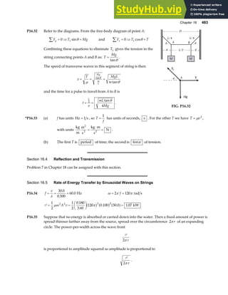 Chapter 16 483
P16.32 Refer to the diagrams. From the free-body diagram of point A:
F T Mg
y
∑ = ⇒ =
0 1 sinθ and F T T
x
∑ = ⇒ =
0 1 cosθ
Combining these equations to eliminate T1 gives the tension in the
string connecting points A and B as: T
Mg
=
tanθ
.
The speed of transverse waves in this segment of string is then
v
T MgL
m
Mg
m
L
= = =
µ θ
θ
tan
tan
and the time for a pulse to travel from A to B is
t
v
mL
Mg
L
= =
2
4
tanθ
.
M M
D
L/4 L/4
A B
θ
L/2
d d
θ
T
Mg
θ A
T1
FIG. P16.32
*P16.33 (a) f has units Hz s
= 1 , so T
f
=
1
has units of seconds, s . For the other T we have T v
= µ 2
,
with units
kg
m
m
s
kg m
s
N
2
2 2
=
⋅
= .
(b) The first T is period of time; the second is force of tension.
Section 16.4 Reflection and Transmission
Problem 7 in Chapter 18 can be assigned with this section.
Section 16.5 Rate of Energy Transfer by Sinusoidal Waves on Strings
P16.34 f
v
= = =
λ
30 0
0 500
60 0
.
.
. Hz ω π π
= =
2 120
f rad s
P = =
F
HG I
KJ =
1
2
1
2
0 180
3 60
120 0 100 30 0 1 07
2 2 2 2
µω π
A v
.
.
. . .
a f a f a f kW
P16.35 Suppose that no energy is absorbed or carried down into the water. Then a fixed amount of power is
spread thinner farther away from the source, spread over the circumference 2π r of an expanding
circle. The power-per-width across the wave front
P
2π r
is proportional to amplitude squared so amplitude is proportional to
P
2π r
.
 