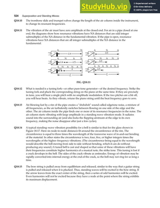 524 Superposition and Standing Waves
Q18.10 The trombone slide and trumpet valves change the length of the air column inside the instrument,
to change its resonant frequencies.
Q18.11 The vibration of the air must have zero amplitude at the closed end. For air in a pipe closed at one
end, the diagrams show how resonance vibrations have NA distances that are odd integer
submultiples of the NA distance in the fundamental vibration. If the pipe is open, resonance
vibrations have NA distances that are all integer submultiples of the NA distance in the
fundamental.
FIG. Q18.11
Q18.12 What is needed is a tuning fork—or other pure-tone generator—of the desired frequency. Strike the
tuning fork and pluck the corresponding string on the piano at the same time. If they are precisely
in tune, you will hear a single pitch with no amplitude modulation. If the two pitches are a bit off,
you will hear beats. As they vibrate, retune the piano string until the beat frequency goes to zero.
Q18.13 Air blowing fast by a rim of the pipe creates a “shshshsh” sound called edgetone noise, a mixture of
all frequencies, as the air turbulently switches between flowing on one side of the edge and the
other. The air column inside the pipe finds one or more of its resonance frequencies in the noise. The
air column starts vibrating with large amplitude in a standing wave vibration mode. It radiates
sound into the surrounding air (and also locks the flapping airstream at the edge to its own
frequency, making the noise disappear after just a few cycles).
Q18.14 A typical standing–wave vibration possibility for a bell is similar to that for the glass shown in
Figure 18.17. Here six node-to-node distances fit around the circumference of the rim. The
circumference is equal to three times the wavelength of the transverse wave of in-and-out bending
of the material. In other states the circumference is two, four, five, or higher integers times the
wavelengths of the higher–frequency vibrations. (The circumference being equal to the wavelength
would describe the bell moving from side to side without bending, which it can do without
producing any sound.) A tuned bell is cast and shaped so that some of these vibrations will have
their frequencies constitute higher harmonics of a musical note, the strike tone. This tuning is lost if
a crack develops in the bell. The sides of the crack vibrate as antinodes. Energy of vibration may be
rapidly converted into internal energy at the end of the crack, so the bell may not ring for so long a
time.
Q18.15 The bow string is pulled away from equilibrium and released, similar to the way that a guitar string
is pulled and released when it is plucked. Thus, standing waves will be excited in the bow string. If
the arrow leaves from the exact center of the string, then a series of odd harmonics will be excited.
Even harmonies will not be excited because they have a node at the point where the string exhibits
its maximum displacement.
 