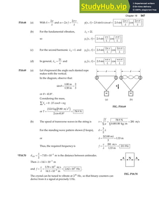 Chapter 18 547
P18.68 (a) With k =
2π
λ
and ω π
π
λ
= =
2
2
f
v
: y x t A kx t A
x vt
, sin cos sin cos
b g= =
F
HG I
KJ F
HG I
KJ
2 2
2 2
ω
π
λ
π
λ
(b) For the fundamental vibration, λ1 2
= L
so y x t A
x
L
vt
L
1 2
, sin cos
b g=
F
HG I
KJ F
HG I
KJ
π π
(c) For the second harmonic λ2 = L and y x t A
x
L
vt
L
2 2
2 2
, sin cos
b g=
F
HG I
KJ F
HG I
KJ
π π
(d) In general, λn
L
n
=
2
and y x t A
n x
L
n vt
L
n , sin cos
b g=
F
HG I
KJ F
HG I
KJ
2
π π
P18.69 (a) Let θ represent the angle each slanted rope
makes with the vertical.
In the diagram, observe that:
sin
.
θ = =
1 00 2
3
m
1.50 m
or θ = °
41 8
. .
Considering the mass,
Fy
∑ = 0: 2T mg
cosθ =
or T =
°
=
12 0 9 80
2 41 8
78 9
. .
cos .
.
kg m s
N
2
b ge j
FIG. P18.69
(b) The speed of transverse waves in the string is v
T
= = =
µ
78 9
281
. N
0.001 00 kg m
m s
For the standing wave pattern shown (3 loops), d =
3
2
λ
or λ = =
2 2 00
3
1 33
.
.
m
m
a f
Thus, the required frequency is f
v
= = =
λ
281
1 33
211
m s
m
Hz
.
*P18.70 dAA m
= = × −
λ
2
7 05 10 3
. is the distance between antinodes.
Then λ = × −
14 1 10 3
. m
and f
v
= =
×
×
= ×
−
λ
3 70 10
2 62 10
3
5
.
.
m s
14.1 10 m
Hz
3
.
The crystal can be tuned to vibrate at 218
Hz, so that binary counters can
derive from it a signal at precisely 1 Hz.
FIG. P18.70
 