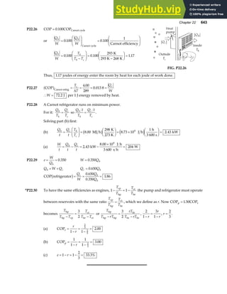 Chapter 22 643
P22.26 COP COPCarnot cycle
= 0 100
.
or
Q
W
Q
W
h h
=
F
HG
I
KJ =
F
HG
I
KJ
0 100 0 100
1
. .
Carnot cycle
Carnot efficiency
Q
W
T
T T
h h
h c
=
−
F
HG I
KJ =
−
F
HG I
KJ =
0 100 0 100
293
268
1 17
. . .
K
293 K K
FIG. P22.26
Thus, 1 17
. joules of energy enter the room by heat for each joule of work done.
P22.27 COP Carnot refrig
a f = = = =
T
T
Q
W
c c
∆
4 00
289
0 013 8
.
.
∴ =
W 72 2
. J per 1 J energy removed by heat.
P22.28 A Carnot refrigerator runs on minimum power.
For it:
Q
T
Q
T
h
h
c
c
= so
Q t
T
Q t
T
h
h
c
c
= .
Solving part (b) first:
(b)
Q
t
Q
t
T
T
h c h
c
=
F
HG I
KJ =
F
HG I
KJ = ×
F
HG I
KJ =
8 00
298
8 73 10
1
2 43
6
. . .
MJ h
K
273 K
J h
h
3 600 s
kW
b g e j
(a)
W
t
Q
t
Q
t
h c
= − = −
×
=
2 43
8 00 10
3 600
204
6
.
.
kW
J h
s h
W
P22.29 e
W
Qh
= = 0 350
. W Qh
= 0 350
.
Q W Q
h c
= + Q Q
c h
= 0 650
.
COP refrigerator
b g= = =
Q
W
Q
Q
c h
h
0 650
0 350
1 86
.
.
.
*P22.30 To have the same efficiencies as engines, 1 1
− = −
T
T
T
T
cp
hp
cr
hr
the pump and refrigerator must operate
between reservoirs with the same ratio
T
T
T
T
cp
hp
cr
hr
= , which we define as r. Now COP COP
p r
= 1 50
.
becomes
T
T T
T
T T
hp
hp cp
cr
hr cr
−
=
−
3
2
or
T
T rT
rT
T rT
hp
hp hp
hr
hr hr
−
=
−
3
2
,
2
1
3
1
−
=
−
r
r
r
, r =
2
3
.
(a) COPr =
−
=
−
=
r
r
1 1
2 00
2
3
2
3
.
(b) COPp =
−
=
−
=
1
1
1
1
3 00
2
3
r
.
(c) e r
= − = − =
1 1
2
3
33 3%
.
 