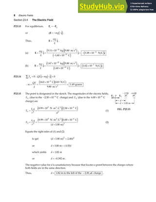 8 Electric Fields
Section 23.4 The Electric Field
P23.13 For equilibrium, F F
e g
= −
or q mg
E j
= − −
e j.
Thus, E j
=
mg
q
.
(a) E j j j
= =
×
− ×
= − ×
−
−
−
mg
q
. .
.
.
9 11 10 9 80
1 60 10
5 58 10
31
19
11
kg m s
C
N C
2
e je j
e j e j
(b) E j j j
= =
×
×
= ×
−
−
−
mg
q
. .
.
.
1 67 10 9 80
1 60 10
1 02 10
27
19
7
kg m s
C
N C
2
e je j
e j e j
P23.14 Fy
∑ = 0 : QE mg
j j
+ − =
e j 0
∴ = =
×
=
−
m
QE
g
24 0 10 610
9 80
1 49
6
.
.
.
C N C
m s
grams
2
e jb g
P23.15 The point is designated in the sketch. The magnitudes of the electric fields,
E1 , (due to the − × −
2 50 10 6
. C charge) and E2 (due to the 6 00 10 6
. × −
C
charge) are
E
k q
r d
e
1 2
9 6
2
8 99 10 2 50 10
= =
× ⋅ × −
. .
N m C C
2 2
e je j (1)
E
k q
r d
e
2 2
9 6
2
8 99 10 6 00 10
1 00
= =
× ⋅ ×
+
−
. .
.
N m C C
m
2 2
e je j
a f (2)
FIG. P23.15
Equate the right sides of (1) and (2)
to get d d
+ =
1 00 2 40
2 2
. .
m
a f
or d d
+ = ±
1 00 1 55
. .
m
which yields d = 1 82
. m
or d = −0 392
. m .
The negative value for d is unsatisfactory because that locates a point between the charges where
both fields are in the same direction.
Thus, d = −
1 82 2 50
. .
m to the left of the C charge
µ .
 