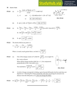 10 Electric Fields
P23.20 (a) E
k q
r
e
= =
× ×
=
−
2
9 6
2
8 99 10 2 00 10
1 12
14 400
. .
.
e je j
a f N C
Ex = 0 and Ey = °= ×
2 14 400 26 6 1 29 104
b gsin . . N C
so E j
= ×
1 29 104
. N C . FIG. P23.20
(b) F E j j
= = − × × = − ×
− −
q 3 00 10 1 29 10 3 86 10
6 4 2
. . .
e je j N
P23.21 (a) E r r r i i j j
= + + = + °+ ° +
k q
r
k q
r
k q
r
k q
a
k q
a
k q
a
e e e e e e
1
1
2 1
2
2
2 2
3
3
2 3 2 2 2
2 3
2
45 0 45 0
4
cos . sin .
b g b ge j b g
E i j
= + = °
3 06 5 06 5 91
2 2 2
. . .
k q
a
k q
a
k q
a
e e e
at 58.8
(b) F E
= = °
q
k q
a
e
5 91
2
2
. at 58.8
P23.22 The electric field at any point x is
E
k q
x a
k q
x a
k q ax
x a
e e e
=
−
−
− −
=
−
a f a f
c h
a f
e j
2 2 2 2 2
4
.
When x is much, much greater than a, we find E
a k q
x
e
≅
4
3
b g .
P23.23 (a) One of the charges creates at P a field E =
+
k Q n
R x
e
2 2
at an angle θ to
the x-axis as shown.
When all the charges produce field, for n  1 , the components
perpendicular to the x-axis add to zero.
The total field is
nk Q n
R x
k Qx
R x
e e
b g
e j
cos
i i
2 2 2 2 3 2
+
=
+
θ .
FIG. P23.23
(b) A circle of charge corresponds to letting n grow beyond all bounds, but the result does not
depend on n. Smearing the charge around the circle does not change its amount or its
distance from the field point, so it does not change the field .
P23.24 E r i i i
i
i
= = − + − + − + =
−
+ + +
F
HG I
KJ = −
∑
k q
r
k q
a
k q
a
k q
a
k q
a
k q
a
e e e e e e
2 2 2 2 2 2 2
2
2
2 3
1
1
2
1
3 6
e j a f e j a f e j … …
π
 