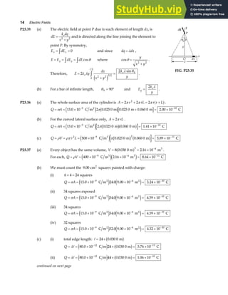 14 Electric Fields
P23.35 (a) The electric field at point P due to each element of length dx, is
dE
k dq
x y
e
=
+
2 2
and is directed along the line joining the element to
point P. By symmetry,
E dE
x x
= =
z 0 and since dq dx
= λ ,
E E dE dE
y y
= = =
z z cosθ where cosθ =
+
y
x y
2 2
.
Therefore, E k y
dx
x y
k
y
e
e
=
+
=
z
2
2
2 2 3 2
0
2
0
λ
λ θ
e j
sin
.
FIG. P23.35
(b) For a bar of infinite length, θ0 90
= ° and E
k
y
y
e
=
2 λ
.
P23.36 (a) The whole surface area of the cylinder is A r rL r r L
= + = +
2 2 2
2
π π π a f.
Q A
= = × + = ×
− −
σ π
15 0 10 2 0 025 0 0 025 0 0 060 0 2 00 10
9 10
. . . . .
C m m m m C
2
e j b g
(b) For the curved lateral surface only, A rL
= 2π .
Q A
= = × = ×
− −
σ π
15 0 10 2 0 025 0 0 060 1 41 10
9 10
. . . .
C m m 0 m C
2
e j b ga f
(c) Q V r L
= = = × = ×
− −
ρ ρπ π
2 9 2 11
500 10 0 025 0 0 060 0 5 89 10
C m m m C
3
e j b g b g
. . .
P23.37 (a) Every object has the same volume, V = = × −
8 0 030 2 16 10
3 4
. .
0 m m3
a f .
For each, Q V
= = × × = ×
− − −
ρ 400 10 2 16 10 8 64 10
9 4 11
C m m C
3 3
e je j
. .
(b) We must count the 9 00
. cm2
squares painted with charge:
(i) 6 4 24
× = squares
Q A
= = × × = ×
− − −
σ 15 0 10 24 0 9 00 10 3 24 10
9 4 10
. . . .
C m m C
2 2
e j e j
(ii) 34 squares exposed
Q A
= = × × = ×
− − −
σ 15 0 10 34 0 9 00 10 4 59 10
9 4 10
. . . .
C m m C
2 2
e j e j
(iii) 34 squares
Q A
= = × × = ×
− − −
σ 15 0 10 34 0 9 00 10 4 59 10
9 4 10
. . . .
C m m C
2 2
e j e j
(iv) 32 squares
Q A
= = × × = ×
− − −
σ 15 0 10 32 0 9 00 10 4 32 10
9 4 10
. . . .
C m m C
2 2
e j e j
(c) (i) total edge length: = ×
24 0 030 0
. m
b g
Q = = × × = ×
− −
λ 80 0 10 24 0 030 0 5 76 10
12 11
. . .
C m m C
e j b g
(ii) Q = = × × = ×
− −
λ 80 0 10 44 0 030 0 1 06 10
12 10
. . .
C m m C
e j b g
continued on next page
 