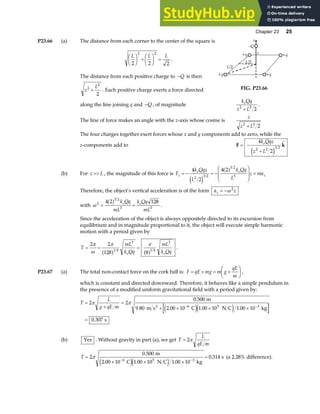 Chapter 23 25
P23.66 (a) The distance from each corner to the center of the square is
L L L
2 2 2
2 2
F
HG I
KJ +
F
HG I
KJ = .
The distance from each positive charge to −Q is then
z
L
2
2
2
+ . Each positive charge exerts a force directed
+q +q
+q
+q z
–Q
L/2
L/2
x
FIG. P23.66
along the line joining q and −Q , of magnitude
k Qq
z L
e
2 2
2
+
.
The line of force makes an angle with the z-axis whose cosine is
z
z L
2 2
2
+
The four charges together exert forces whose x and y components add to zero, while the
z-components add to F k
= −
+
4
2
2 2 3 2
k Qqz
z L
e
e j
(b) For z L
 , the magnitude of this force is F
k Qqz
L
k Qq
L
z ma
z
e e
z
= − = −
F
HG
I
KJ =
4
2
4 2
2 3 2
3 2
3
e j
a f
Therefore, the object’s vertical acceleration is of the form a z
z = −ω 2
with ω 2
3 2
3 3
4 2 128
= =
a f k Qq
mL
k Qq
mL
e e
.
Since the acceleration of the object is always oppositely directed to its excursion from
equilibrium and in magnitude proportional to it, the object will execute simple harmonic
motion with a period given by
T
mL
k Qq
mL
k Qq
e e
= = =
2 2
128 8
1 4
3
1 4
3
π
ω
π π
a f a f .
P23.67 (a) The total non-contact force on the cork ball is: F qE mg m g
qE
m
= + = +
F
HG I
KJ ,
which is constant and directed downward. Therefore, it behaves like a simple pendulum in
the presence of a modified uniform gravitational field with a period given by:
T
L
g qE m
=
+
=
+ × × ×
=
− −
2 2
0 500
2 00 10 1 00 10 1 00 10
0 307
6 5 3
π π
.
. . .
.
m
9.80 m s C N C kg
s
2
e je j
(b) Yes . Without gravity in part (a), we get T
L
qE m
= 2π
T =
× × ×
=
− −
2
0 500
2 00 10 1 00 1 00 10
0 314
6 3
π
.
. . .
.
m
C 10 N C kg
s
5
e je j
(a 2.28% difference).
 