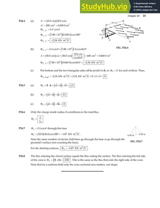 Chapter 24 31
P24.4 (a) ′ =
A 10 0 30 0
. .
cm cm
a fa f
′ = =
= ′
= × °
= − ⋅
′
′
′
A
EA
E A
E A
E A
300 0 030 0
7 80 10 0 030 0 180
2 34
4
cm m
kN m C
2 2
2
.
cos
. . cos
.
,
,
,
Φ
Φ
Φ
θ
e jb g
(b) ΦE A EA A
, cos . cos .
= = × °
θ 7 80 10 60 0
4
e ja f
10.0 cm
30.0 cm
60.0Þ
FIG. P24.4
A w
E A
= =
°
F
HG I
KJ = =
= × °= + ⋅
30 0 30 0
10 0
60 0
600 0 060 0
7 80 10 0 060 0 60 0 2 34
4
. .
.
cos .
.
. . cos . .
,
cm cm
cm
cm m
kN m C
2 2
2
a fa f a f
e jb g
Φ
(c) The bottom and the two triangular sides all lie parallel to E, so ΦE = 0 for each of these. Thus,
ΦE, . .
total
2 2
kN m C kN m C
= − ⋅ + ⋅ + + + =
2 34 2 34 0 0 0 0 .
P24.5 (a) ΦE a b A aA
= ⋅ = + ⋅ =
E A i j i
  
e j
(b) ΦE a b A bA
= + ⋅ =
  
i j j
e j
(c) ΦE a b A
= + ⋅ =
  
i j k
e j 0
P24.6 Only the charge inside radius R contributes to the total flux.
ΦE
q
=
∈0
P24.7 ΦE EA
= cosθ through the base
ΦE = °= − ⋅
52 0 36 0 180 1 87
. . cos .
a fa f kN m C
2
.
Note the same number of electric field lines go through the base as go through the
pyramid’s surface (not counting the base).
For the slanting surfaces, ΦE = + ⋅
1 87
. kN m C
2
.
FIG. P24.7
P24.8 The flux entering the closed surface equals the flux exiting the surface. The flux entering the left side
of the cone is ΦE d ERh
= ⋅ =
zE A . This is the same as the flux that exits the right side of the cone.
Note that for a uniform field only the cross sectional area matters, not shape.
 