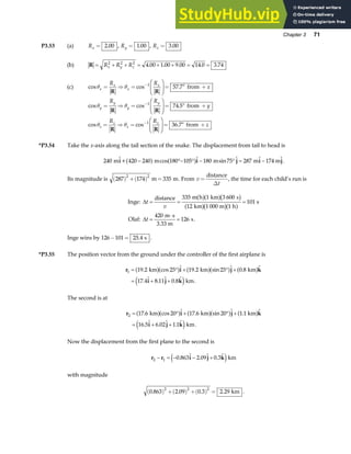 Chapter 3 71
P3.53 (a) Rx = 2 00
. , Ry = 1 00
. , Rz = 3 00
.
(b) R = + + = + + = =
R R R
x y z
2 2 2
4 00 1 00 9 00 14 0 3 74
. . . . .
(c) cos cos .
θ θ
x
x
x
x
R R
x
= ⇒ =
F
HG
I
KJ= ° +
−
R R
1
57 7 from
cos cos .
θ θ
y
y
y
y
R R
y
= ⇒ =
F
HG
I
KJ= ° +
−
R R
1
74 5 from
cos cos .
θ θ
z
z
z
z
R R
z
= ⇒ =
F
HG
I
KJ= ° +
−
R R
1
36 7 from
*P3.54 Take the x-axis along the tail section of the snake. The displacement from tail to head is
240 420 240 180 105 180 75 287
m + m m m 174 m
 cos  sin   
i i j i j
− °− ° − ° = −
a f a f .
Its magnitude is 287 174 335
2 2
( ) +( ) =
m m. From v
t
=
distance
∆
, the time for each child’s run is
Inge:
distance m h km s
km m h
s
Olaf:
m s
3.33 m
s
∆
∆
t
v
t
= = =
=
⋅
=
335 1 3 600
12 1 000 1
101
420
126
a fa fb g
a fb ga f
.
Inge wins by 126 101 25 4
− = . s .
*P3.55 The position vector from the ground under the controller of the first airplane is
r i j k
i j k
1 19 2 25 19 2 25 0 8
17 4 8 11 0 8
= ° + ° +
= + +
. cos  . sin  . 
.  .  .  .
km km km
km
a fa f a fa f a f
e j
The second is at
r i j k
i j k
2 17 6 20 17 6 20 1
16 5 6 02 1 1
= ° + ° +
= + +
. cos  . sin  
.  .  .  .
km km .1 km
km
a fa f a fa f a f
e j
Now the displacement from the first plane to the second is
r r i j k
2 1 0 863 2 09 0 3
− = − − +
.  .  . 
e jkm
with magnitude
0 863 2 09 0 3 2 29
2 2 2
. . . .
( ) +( ) +( ) = km .
 