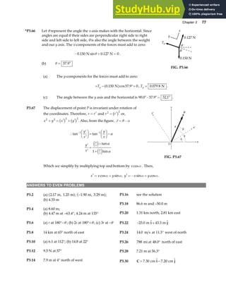 Chapter 3 77
*P3.66 Let θ represent the angle the x-axis makes with the horizontal. Since
angles are equal if their sides are perpendicular right side to right
side and left side to left side, θ is also the angle between the weight
and our y axis. The x-components of the forces must add to zero:
− + =
0 150 0 127 0
. sin .
N N
θ .
(b) θ = °
57 9
.
θ
y 0.127 N
x
θ
0.150 N
Ty
FIG. P3.66
(a) The y-components for the forces must add to zero:
+ − °=
Ty 0 150 57 9 0
. cos .
N
a f , Ty = 0 079 8
. N .
(c) The angle between the y axis and the horizontal is 90 0 57 9 32 1
. . .
°− °= ° .
P3.67 The displacement of point P is invariant under rotation of
the coordinates. Therefore, r r
= ′ and r r
2 2
= ′
b g or,
x y x y
2 2 2 2
+ = ′ + ′
b g b g . Also, from the figure, β θ α
= −
∴
′
′
F
HG I
KJ =
F
HG I
KJ−
′
′
=
−
+
− −
tan tan
tan
tan
1 1
1
y
x
y
x
y
x
y
x
y
x
α
α
α
e j
e j
x
y
y P
O
t
β
α
θ
β
α
′
r x ′
FIG. P3.67
Which we simplify by multiplying top and bottom by xcosα . Then,
′ = +
x x y
cos sin
α α, ′ =− +
y x y
sin cos
α α .
ANSWERS TO EVEN PROBLEMS
P3.2 (a) 2 17 1 25
. , .
m m
a f; −1 90 3 29
. , .
m m
a f; P3.16 see the solution
(b) 4.55 m
P3.18 86.6 m and –50.0 m
P3.4 (a) 8.60 m;
P3.20 1.31 km north; 2.81 km east
(b) 4.47 m at − °
63 4
. ; 4.24 m at 135°
P3.22 − +
25 0 43 3
.  . 
m m
i j
P3.6 (a) r at 180°−θ ; (b) 2r at 180°+θ ; (c) 3r at –θ
P3.8 14 km at 65° north of east P3.24 14 0 11 3
. .
m s at west of north
°
P3.10 (a) 6.1 at 112°; (b) 14.8 at 22° P3.26 788 48 0
mi at north of east
. °
P3.12 9.5 N at 57° P3.28 7.21 m at 56.3°
P3.14 7.9 m at 4° north of west P3.30 C i j
= −
7 30 7 20
.  . 
cm cm
 
