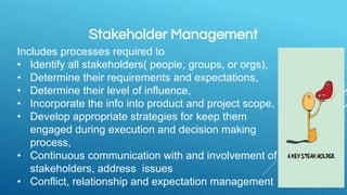 Stakeholder Management
Includes processes required to
• Identify all stakeholders( people, groups, or orgs),
• Determine their requirements and expectations,
• Determine their level of influence,
• Incorporate the info into product and project scope,
• Develop appropriate strategies for keep them
engaged during execution and decision making
process,
• Continuous communication with and involvement of
stakeholders, address issues
• Conflict, relationship and expectation management
 