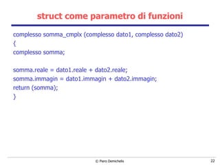 struct come parametro di funzioni complesso somma_cmplx (complesso dato1, complesso dato2)  { complesso somma; somma.reale = dato1.reale + dato2.reale; somma.immagin = dato1.immagin + dato2.immagin; return (somma); } 