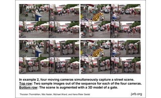 jvrb.org
In example 2, four moving cameras simultaneously capture a street scene.
Top row: Two sample images out of the sequence for each of the four cameras.
Bottom row: The scene is augmented with a 3D model of a gate.
Thorsten Thormählen, Nils Hasler, Michael Wand, and Hans-Peter Seidel
 