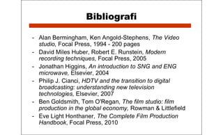 Bibliografi
- Alan Bermingham, Ken Angold-Stephens, The Video
studio, Focal Press, 1994 - 200 pages
- David Miles Huber, Robert E. Runstein, Modern
recording techniques, Focal Press, 2005
- Jonathan Higgins, An introduction to SNG and ENG
microwave, Elsevier, 2004
- Philip J. Cianci, HDTV and the transition to digital
broadcasting: understanding new television
technologies, Elsevier, 2007
- Ben Goldsmith, Tom O'Regan, The film studio: film
production in the global economy, Rowman & Littlefield
- Eve Light Honthaner, The Complete Film Production
Handbook, Focal Press, 2010
 