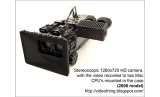 Stereoscopic 1280x720 HD camera,
with the video recorded to two Mac
CPU's mounted in the case
(2006 model)
http://videothing.blogspot.com/
 