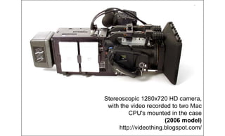 Stereoscopic 1280x720 HD camera,
with the video recorded to two Mac
CPU's mounted in the case
(2006 model)
http://videothing.blogspot.com/
 